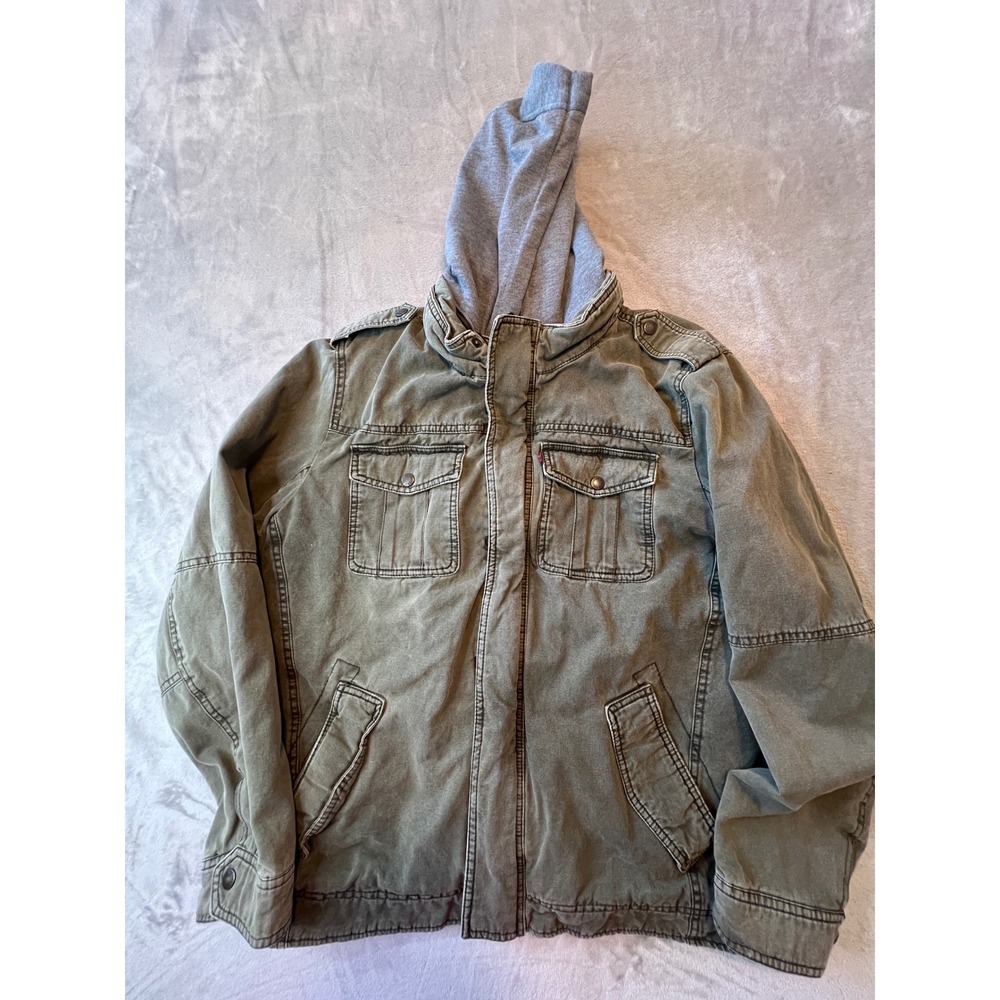 Levi Strauss Field Jacket Mens Large Olive Green Faux Fur Lined Hooded Military
